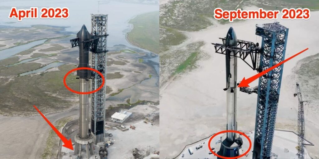 Side-by-side photos show 4 major changes made to SpaceX's Starship rocket system after its first launch ended in an explosion