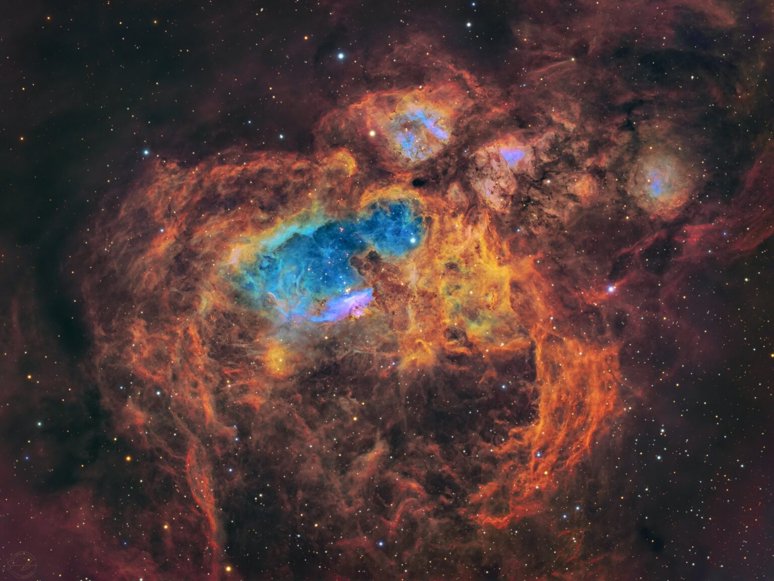 The Lobster Nebula. Captured from my backyard in Melbourne using narrowband filters with about 16h of exposures. Right in the middle of the nebula I see the shape of a Koala reaching out for the stars... maybe you see it too!