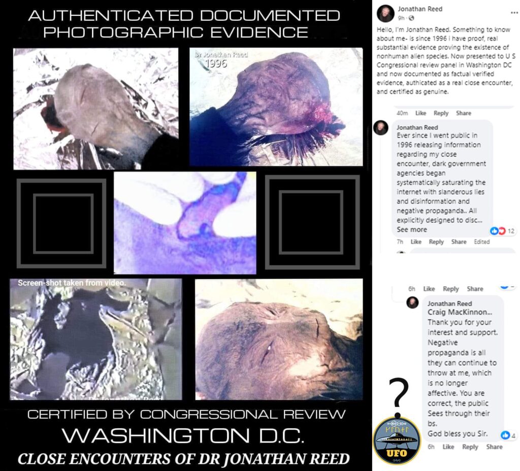 It seems that Jonathan Reed is TODAY back on scene! He is even more constant, In 1996 The story became popular across the UFO and alien research community for many years, but was ultimately exposed as hoax. Supposedly he was chased by agents and they made story as a hoax. What do you think ?