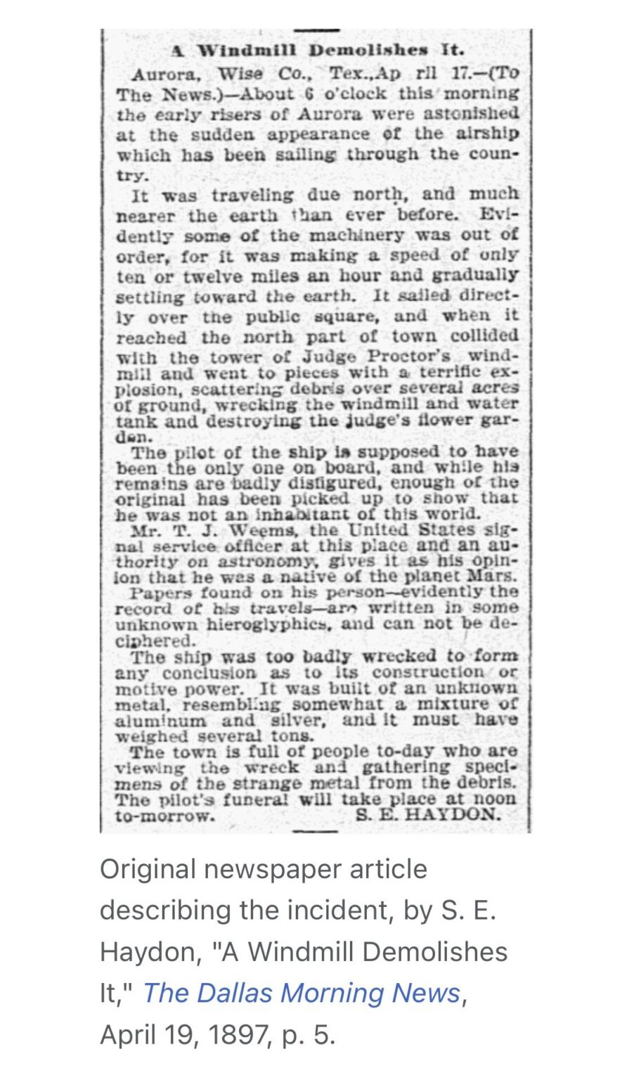 UFO that crashed in Texas in 1897 with the (alien) pilot buried in a cemetery