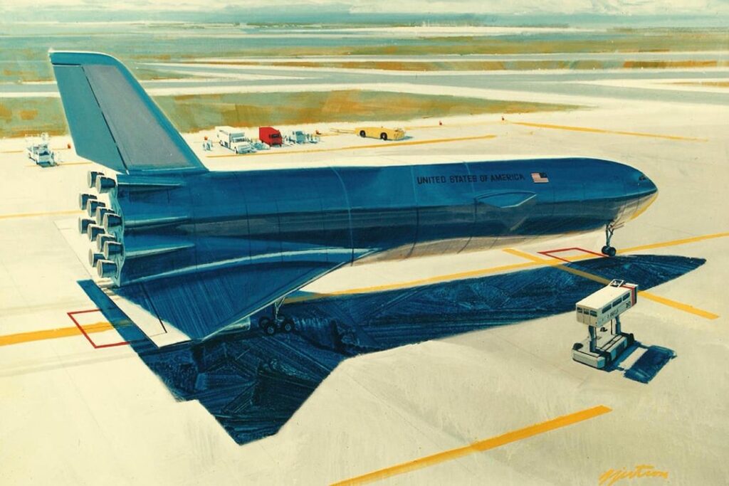 Early concept art for a reusable space craft (which would become the Space Shuttle) by Roy Gjertson—best known for his aviation and space art for General Dynamics.