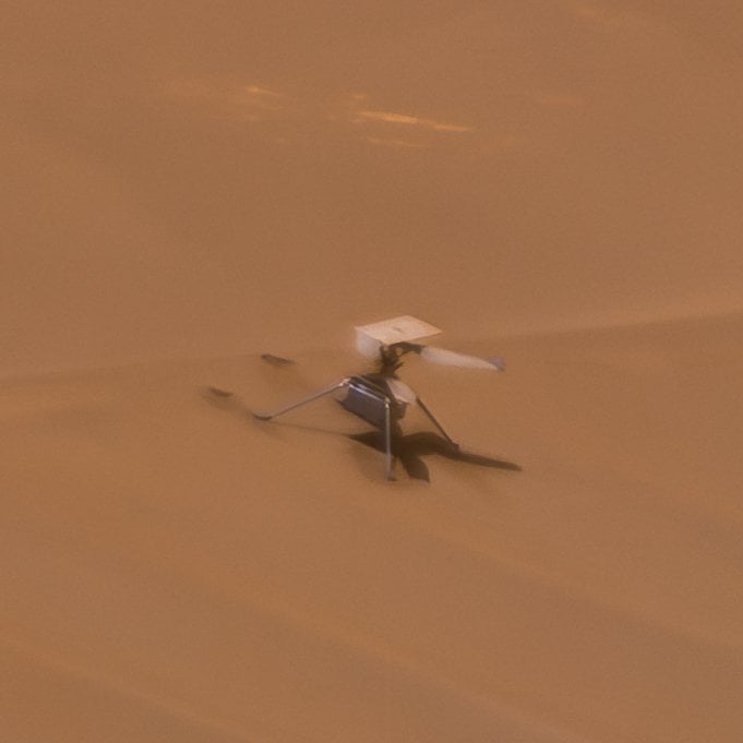 Earlier today, the Mars Persevere rover captured a high resolution image of Ingenuity using the SuperCam RMI instrument.  One rotor blade is broken off completely, the others have damaged tips.