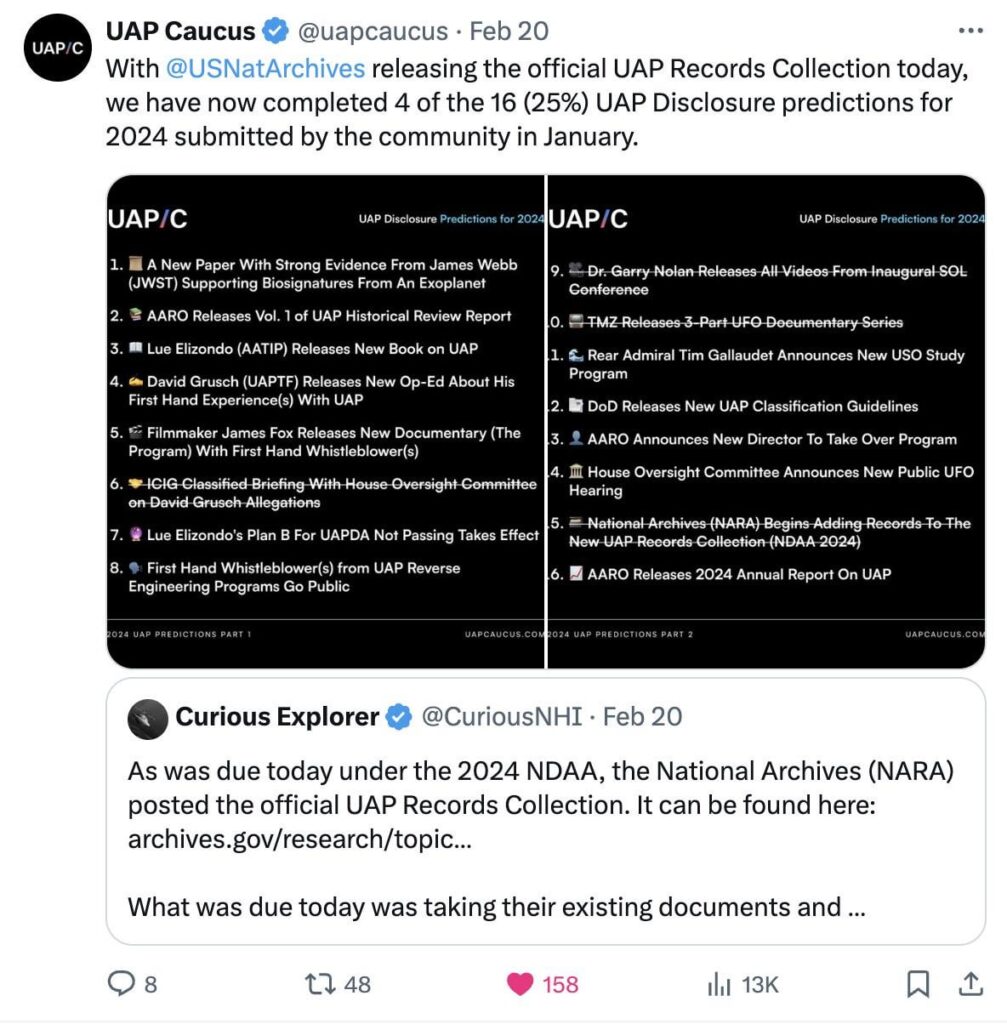 UAPCaucus on twitter has predicted 25% of UAP disclosure information for 2024 so far!