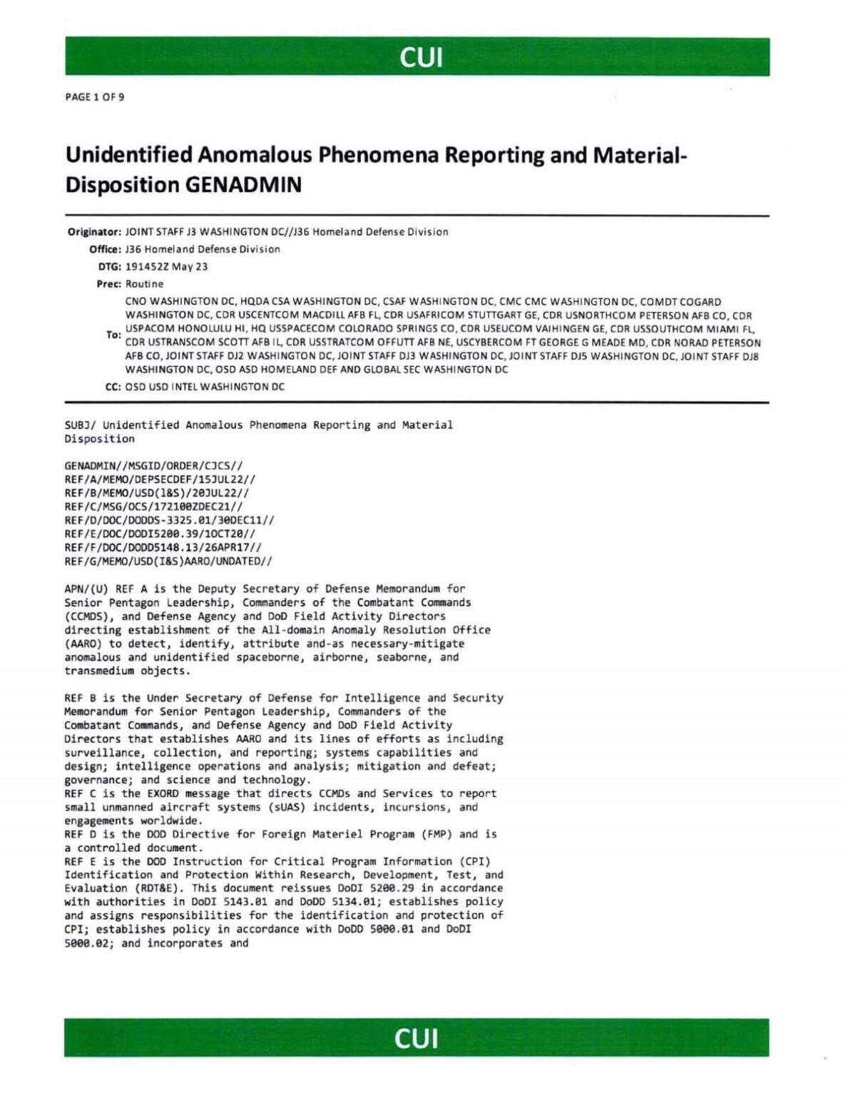 Update on UAP military reporting procedures, AARO authorities, witness protections, etc.