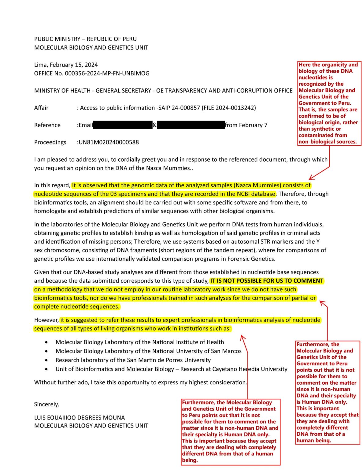 Peru government supposed press release on the veracity of the Nazca mummies and their DNA