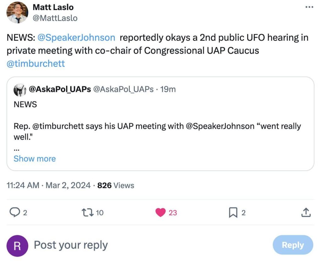 2nd public UAP hearing is being talked about with o-chair of Congressional UAP Caucus @timburchett