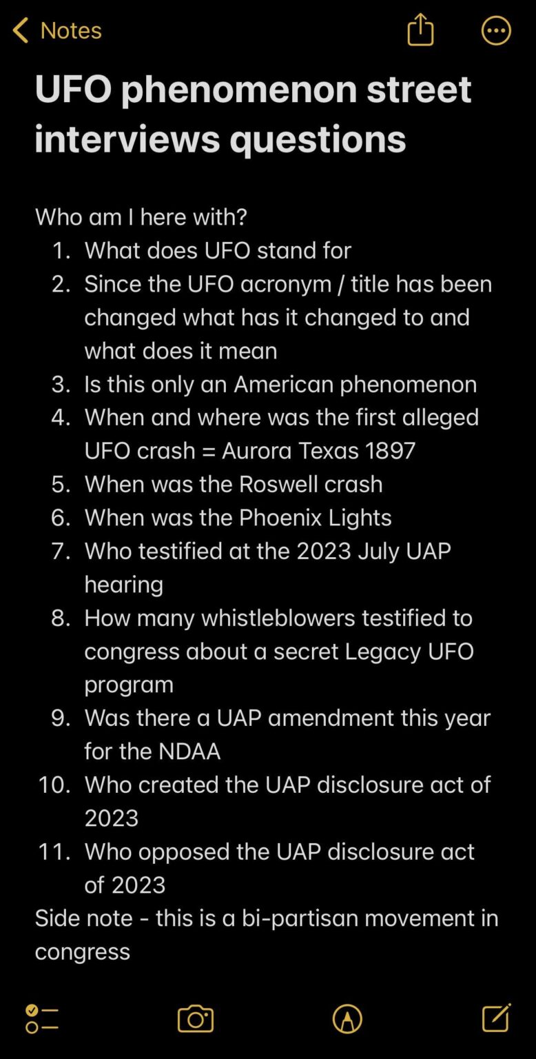 Doing Street interviews to ask what people know about the UFO UAP phenomenon (what do you think of the questions)