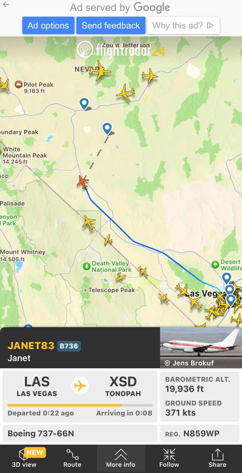 JANET, the highly classified airline that ferries employees to Area 51 and other SAPFs (Special Access Program Facilities), appears on civilian flight-tracking app FR24