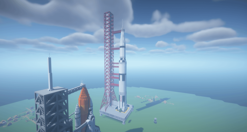 I recreated the Saturn V rocket in minecraft with Launchtower  . The space shuttle is visible next to it to