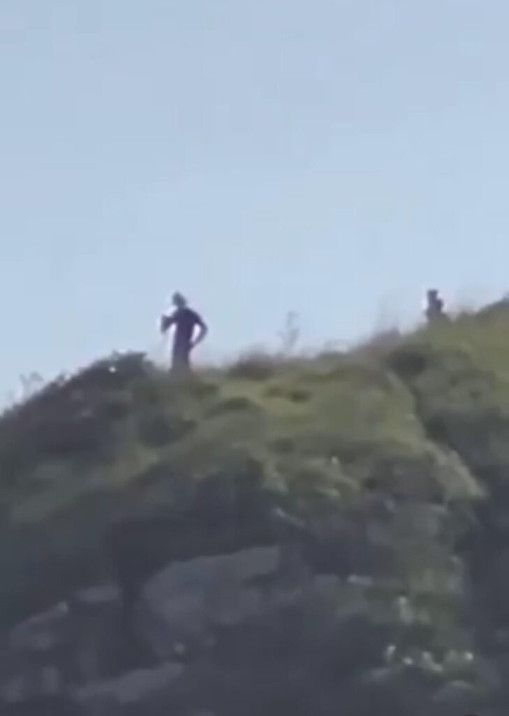 8-10ft tall alien humanoid wearing dark one-piece suit and using handheld device.