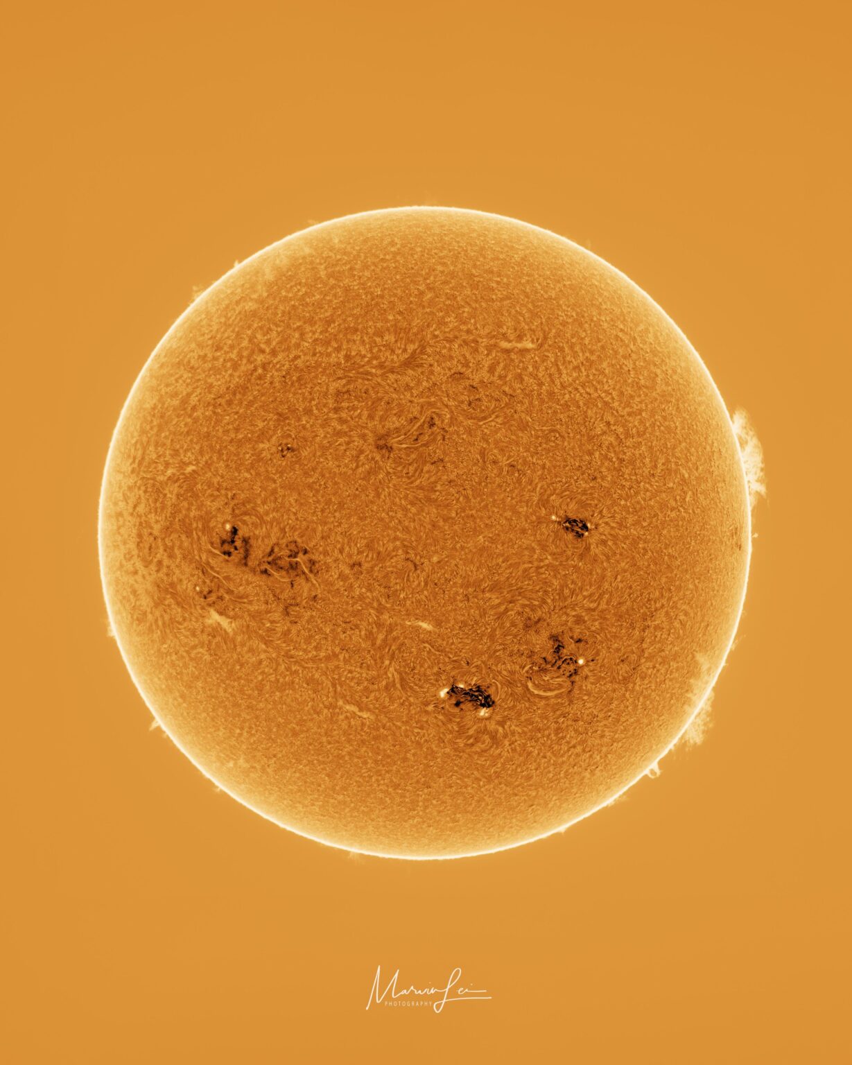 A high res photo of the sun’s chromosphere taken with a Hydrogen Alpha Scope