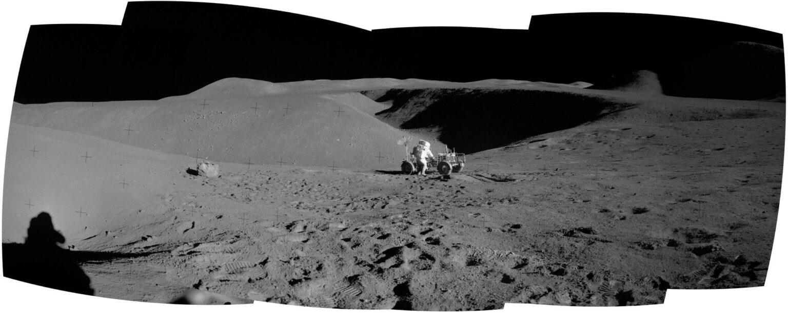 On the Apollo 15 anniversary, figure I'd repost this Hadley Rille panorama I made from stitching together high resolution scans of Jim Irwin's images.