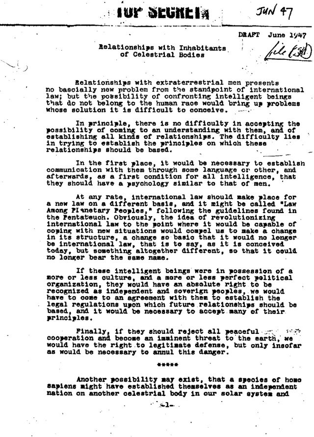 The draft letter of Einstein and Oppenheimer about "Relationships with inhabitants of Celestial bodies"