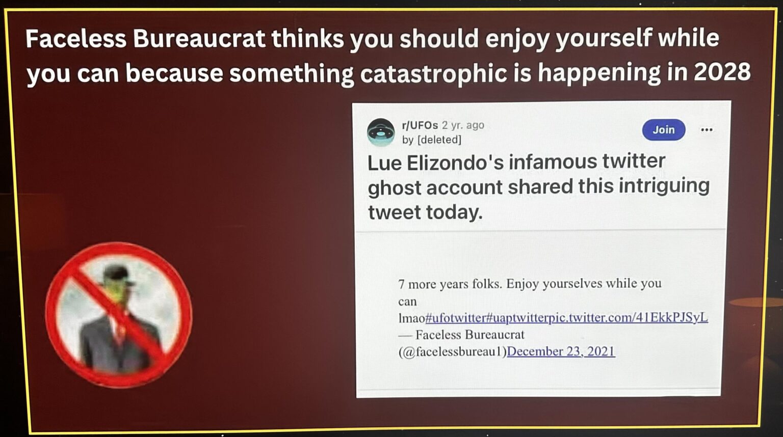 Lou Elizondo “there will be something catastrophic in 2028” per now deleted Twitter ghost account @FacelessBureaucrat