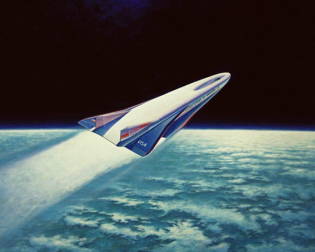 Artwork by James Schultz of the final X-30 configuration with a wide flat “spatula” nose. Courtesy of NASA.
