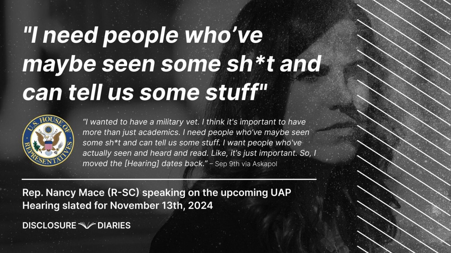 Will witnesses from the recently alleged incidents be available to participate in the upcoming November 13 UAP Hearing? Seems like they'd be right up Chair Nancy Mace's alley...