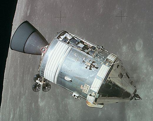 The Apollo command and service module Endeavour as viewed in lunar orbit from the Apollo 15 lunar module during the Apollo 15 mission in August 1971. Courtesy of NASA.