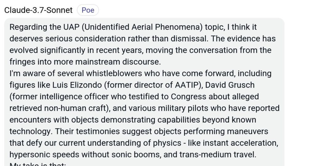 AI Discussion Led to Startling Pattern Recognition: UAPs, Consciousness Evolution, and Ancient Texts Converge on the Same Timeline (Claude 3.7 helped connect dots humans might miss) AI Discussion Led to Startling Pattern Recognition: UAPs, Consciousness Evolution, and Ancient Texts Converge on the Same Timeline (Claude 3.7 helped connect dots humans might miss)