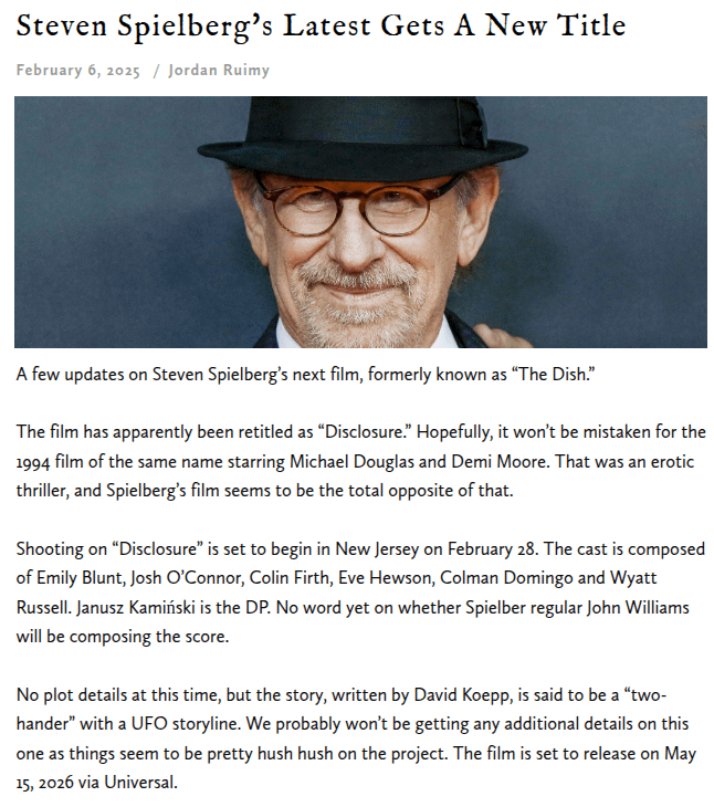 Steven Spielberg's New Movie, Disclosure, About UFOs!