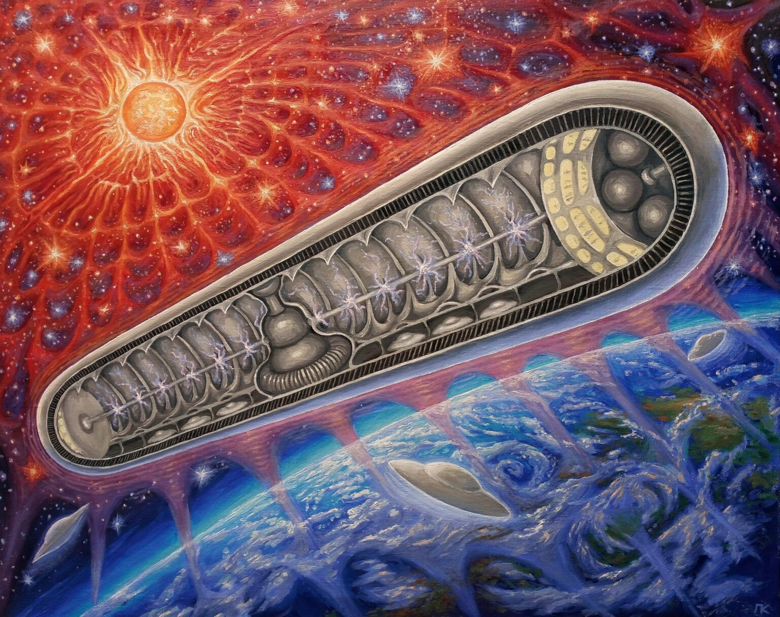Alien spaceship. Oil painting on canvas
