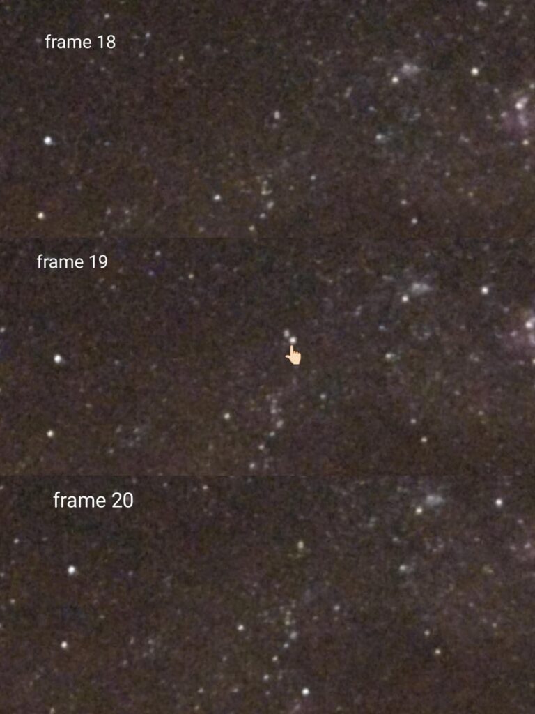 Strange orb appeared in only one frame of my 30-second night timelapse – not a plane, satellite, or meteor?