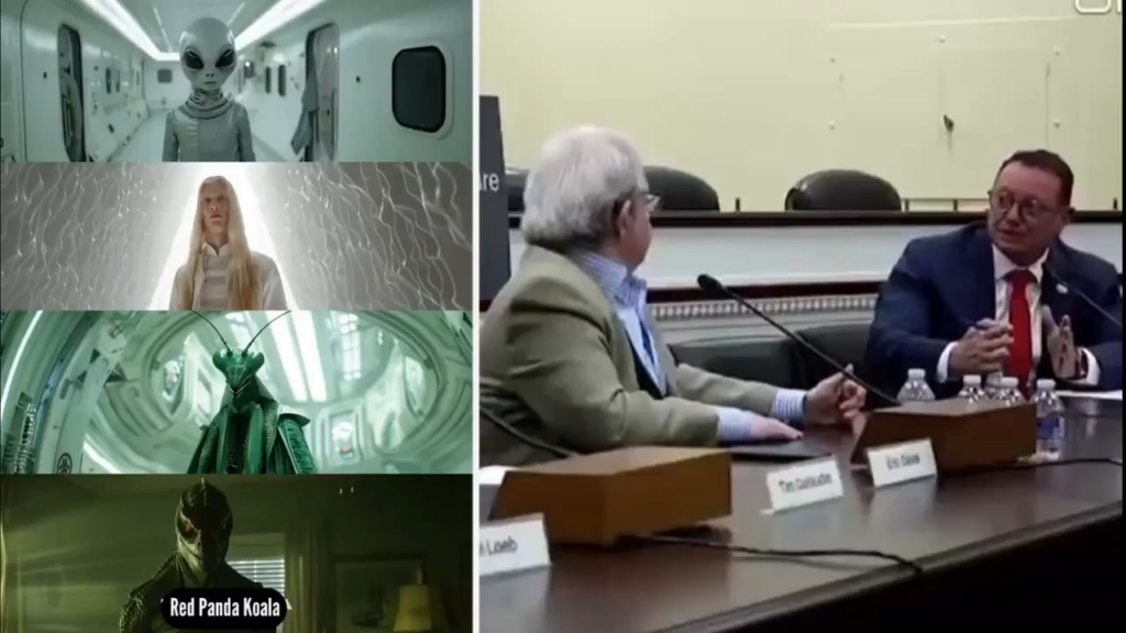 Dr. Eric Davis publicly briefs Rep. Eric Burlison on the existence of 4 alien races during the UAPDF event - Grays, Nordics, Insectoids and Reptillians.