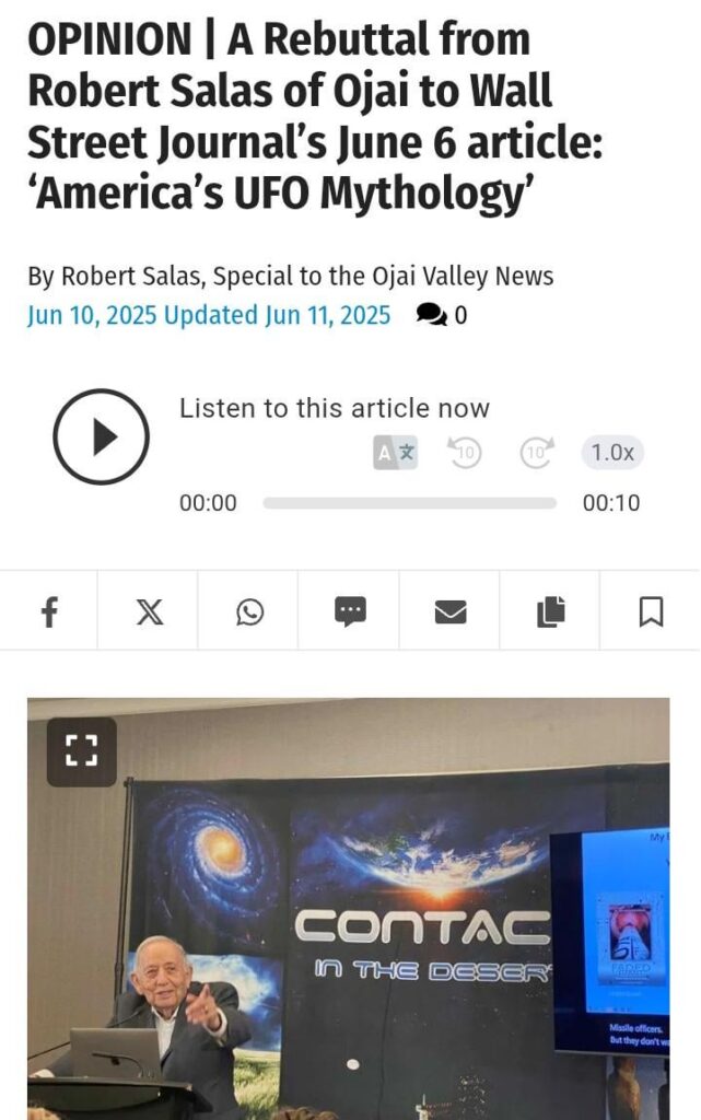 Ojai Valley News publishes Captain Robert Salas' (UFOs/Nukes) rebuttal to WSJ article!