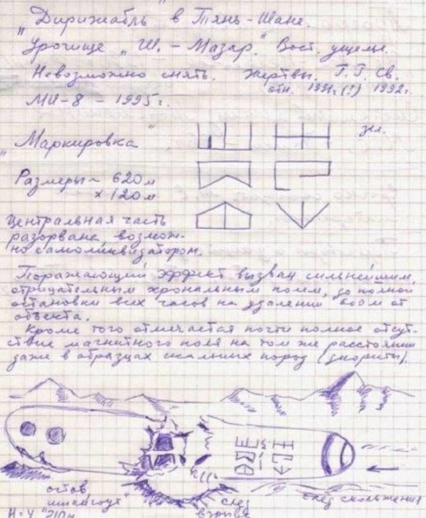 Alleged 1991 Russian crash and retrieval in Tien Shan, Kyrgizstan – the object was allegedly 2000 ft long with strange green coloured symbols on it, the object split in half when crashed Alleged 1991 Russian crash and retrieval in Tien Shan, Kyrgizstan - the object was allegedly 2000 ft long with strange green coloured symbols on it, the object split in half when crashed