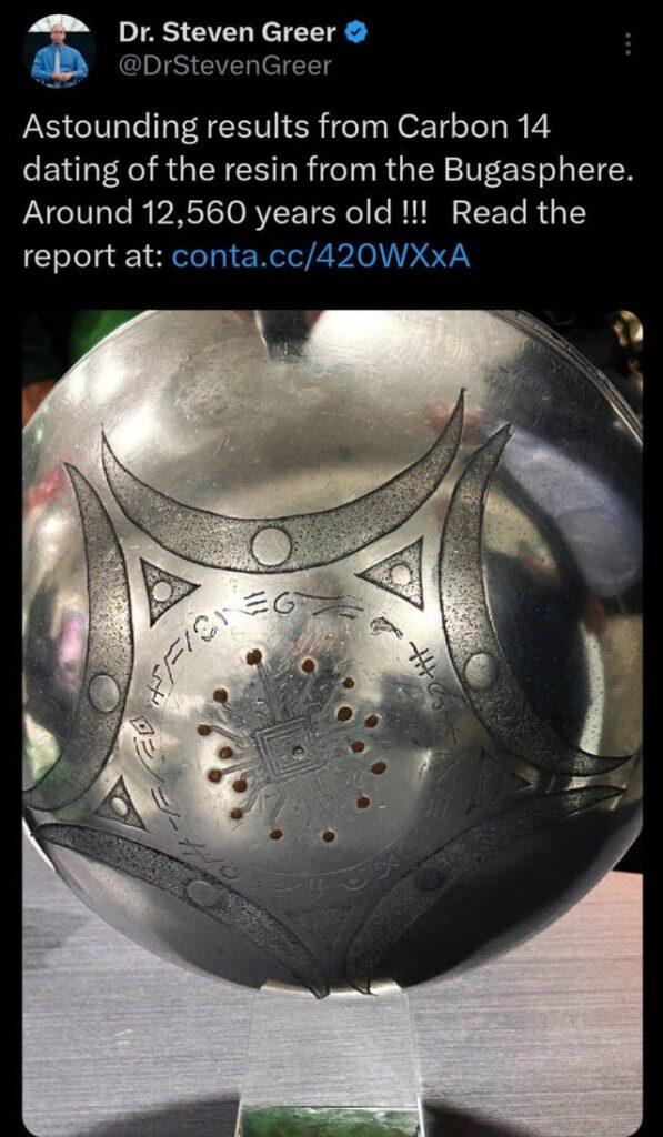 Dr. Greer revealed the Carbon 14 dating of the Buga Sphere, placing it at 12,560 years old.