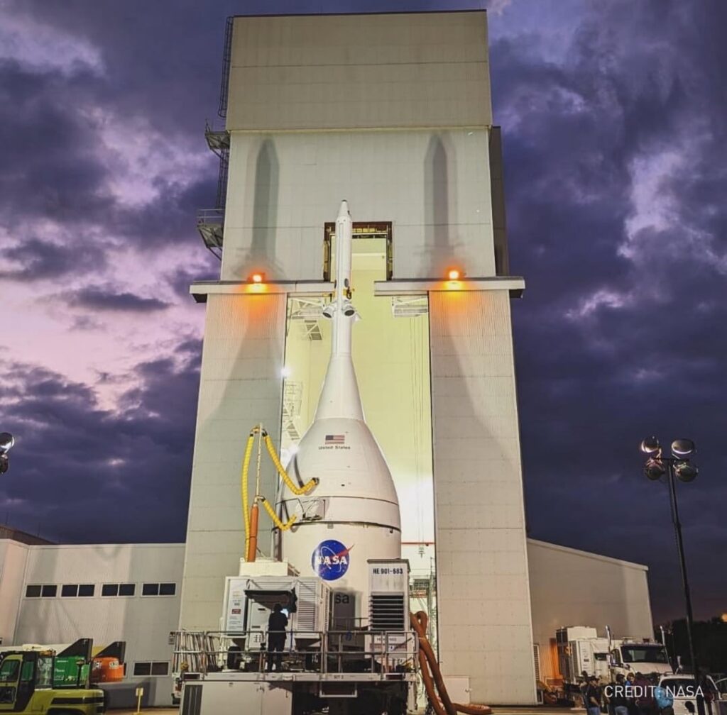 Artemis II Orion movement to the VAB for stacking on SLS [credit: NASA/Lockheed Martin]