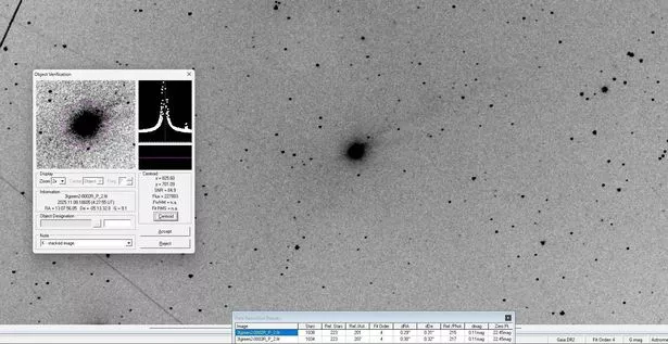 Stacked RGB images of 3I/ATLAS at 4.10 UT on November 8, 2025. The sunward direction (ooposite to the arrow in the top panel) is pointing towards the bottom left corner.
