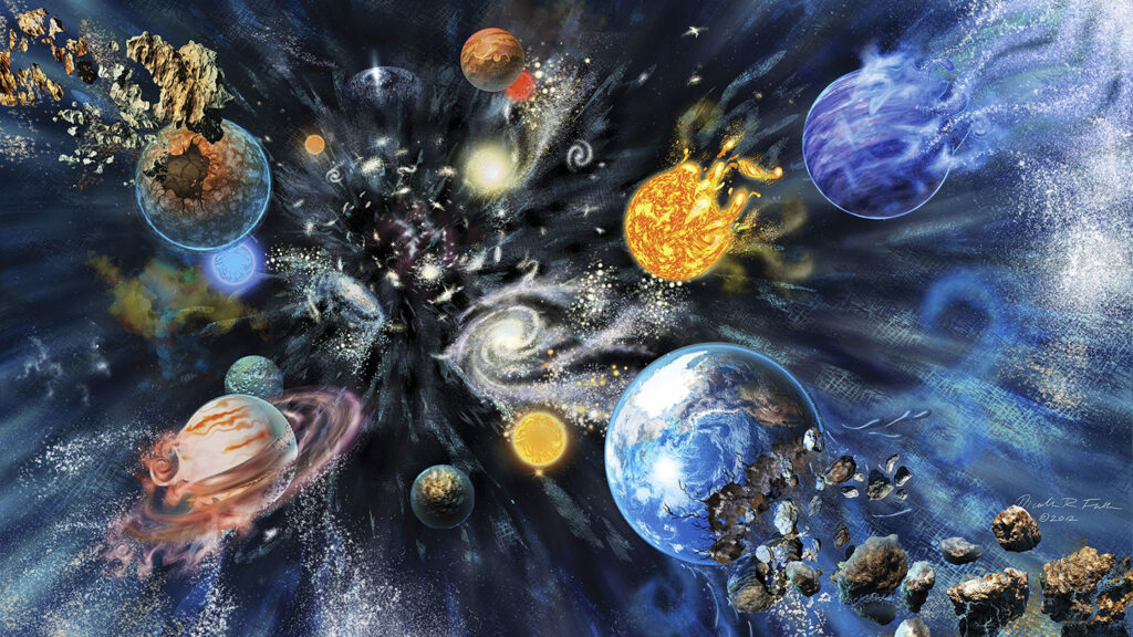 a painting of planets, galaxies, stars, and asteroids being pulled towards the middle of the image and disintegrating