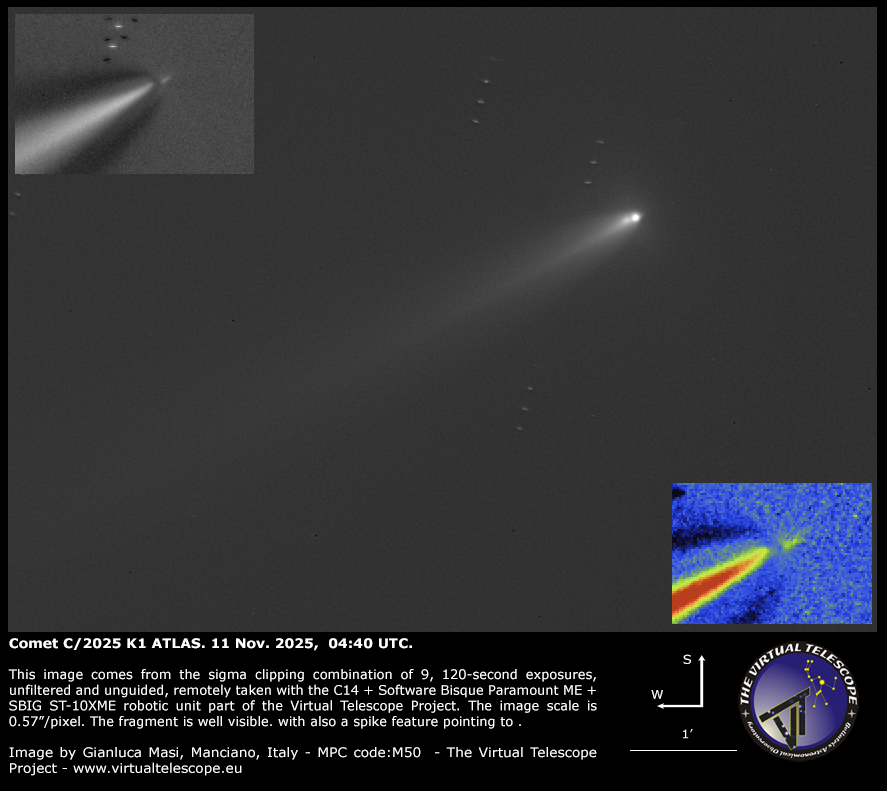 Comet C/2025 K1 ATLAS: the “double” nucleus is well visible, as well a spike-like feature pointing in solar (SE) direction.