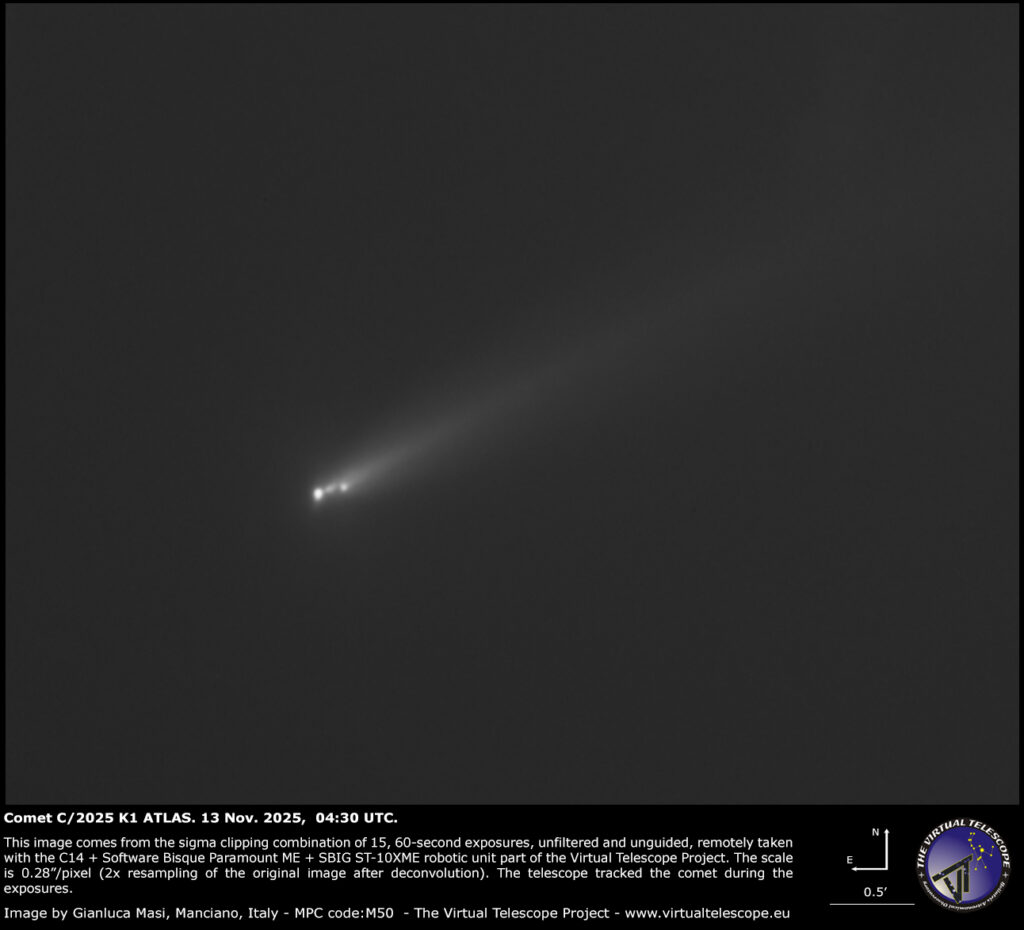 Comet C/2025 K1 ATLAS fragmentation: 13 Nov. 2025 image and animation.
