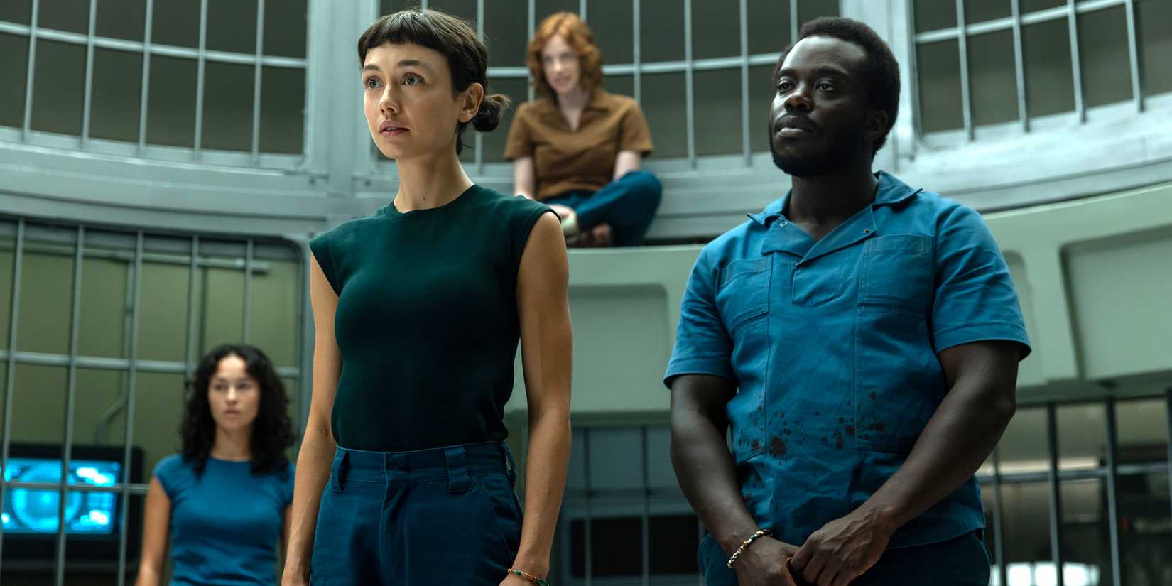 Sydney Chandler's Wendy and Jonathan Ajayi's Smee standing next to each other in the prison cell in Alien: Earth season 1