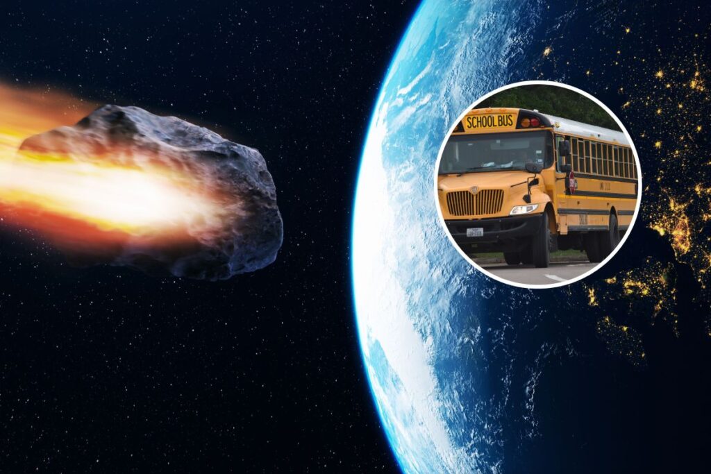 Asteroid approaching Earth, with an inset picture of a school bus.