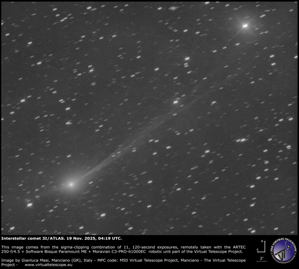 Interstellar comet 3I/ATLAS (aka C/2025 N1 ATLAS) and its ion tail – 19 Nov. 2025. Interstellar comet 3I/ATLAS (aka C/2025 N1 ATLAS) and its ion tail - 19 Nov. 2025.