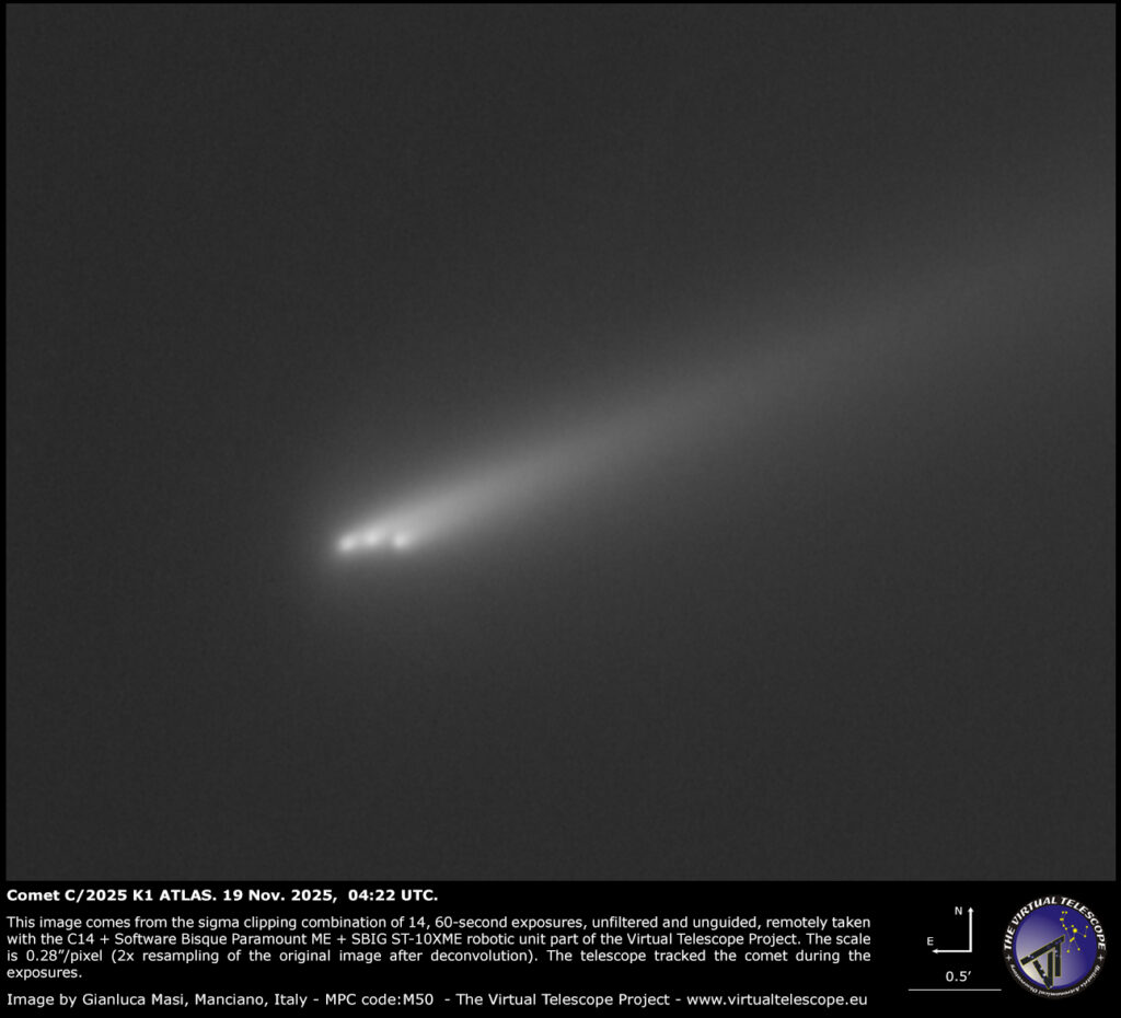 Comet C/2025 K1 ATLAS fragmentation: new image and animation - 19 Nov. 2025.