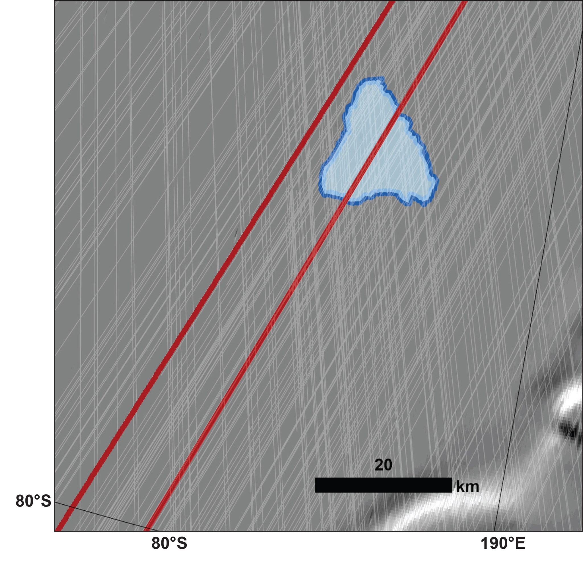 This map shows the approximate area where in 2018 ESA’s Mars Express detected a signal the mission’s scientists interpreted as an underground lake. The red lines show the path of NASA’s Mars Reconnaissance Orbiter, which flew both directly overhead as well as over an adjacent region. Credit: Planetary Science Institute