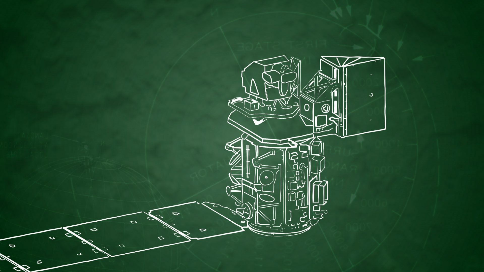 Line sketch of the Landsat 9 spacecraft on a green background. The drawing is white.
