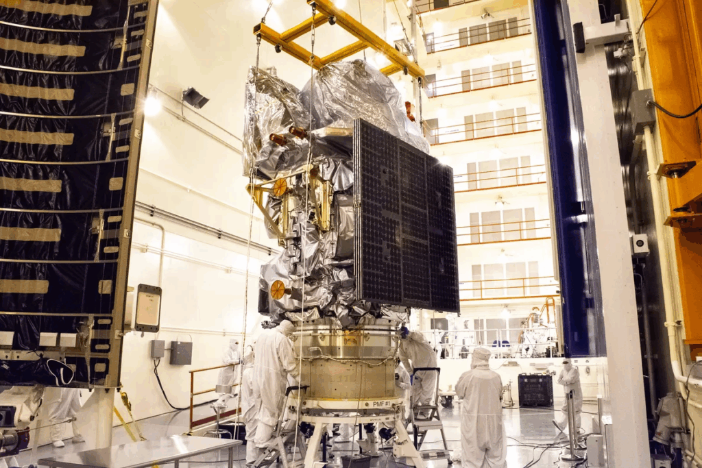 Inside the Vertical Integration Facility at Vandenberg Space Force Base in California, technicians work to attach the Landsat 9 spacecraft to the evolved expendable vehicle secondary payload adapter (ESPA), on Aug. 11, 2021.