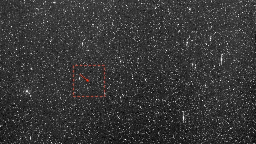 This image made available by University of Hawaii's asteroid impact alert system, shows an arrow where asteroid 2024 YR4 would be, Dec. 27, 2024. (ATLAS / University of Hawaii / NASA via AP)