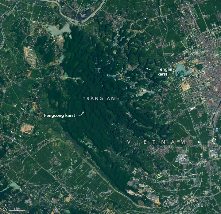 A satellite image centers on a karst landscape in Vietnam called Tràng An. The area’s topography has a pockmarked appearance, and it is covered in dark green forest. The karst region is surrounded by agricultural fields and urban areas.