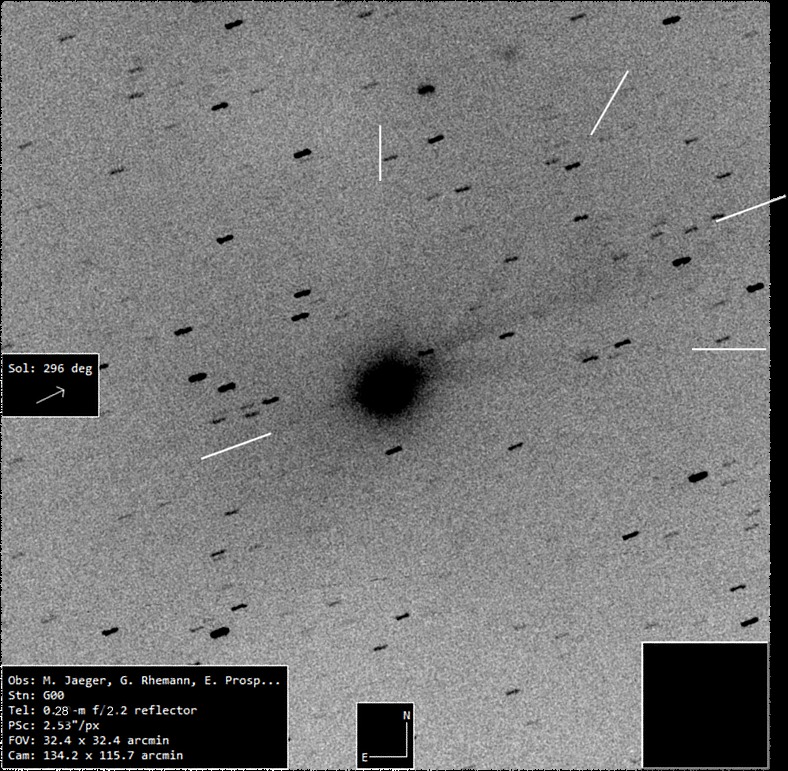 A black-and-white image showing multiple streaks going outward from a fuzzy central object.