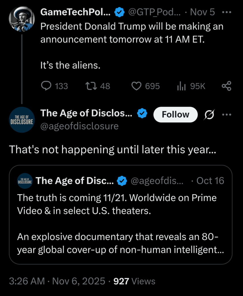 Age of Disclosure official movie profile fueling speculation that President Trump will reveal the alien presence this year