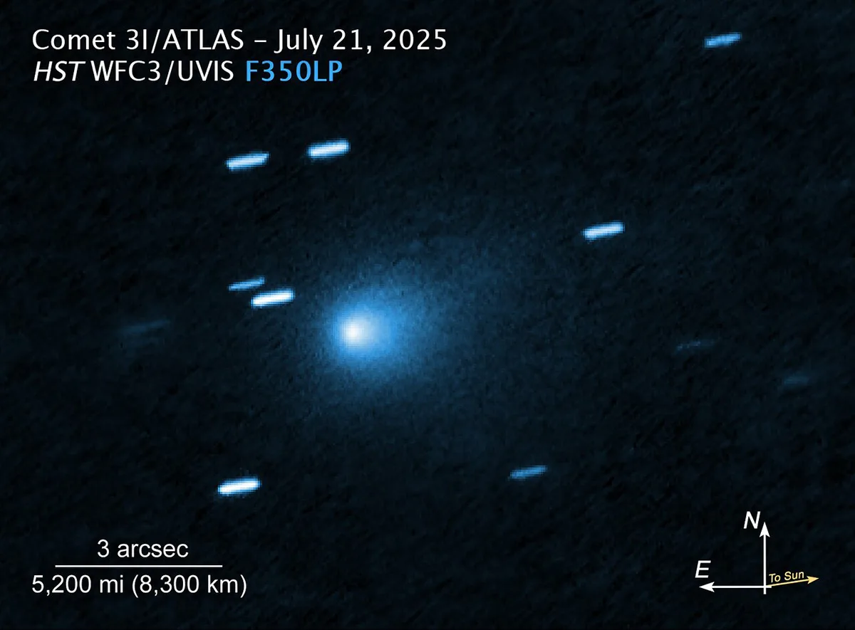 Image of interstellar comet 3I/ATLAS captured by the Hubble Space Telescope’s Wide Field Camera on 21 July 2025, with scale bar. Credit: NASA, ESA, D. Jewitt (UCLA); Image Processing: J. DePasquale (STScI)