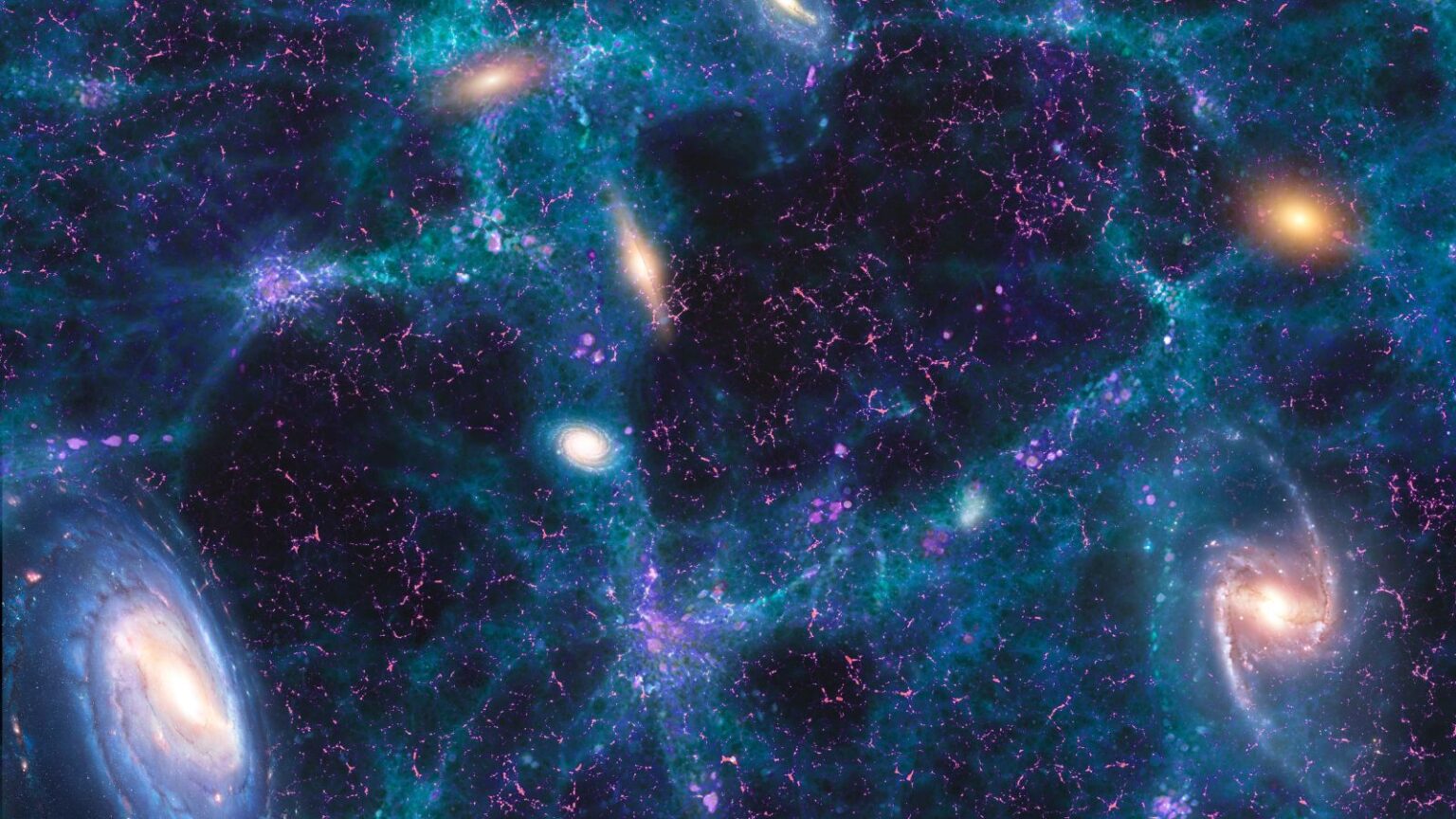Is there a scientific reason why the universe exists? An illustration of different galaxies against a blue and purple weblike background.