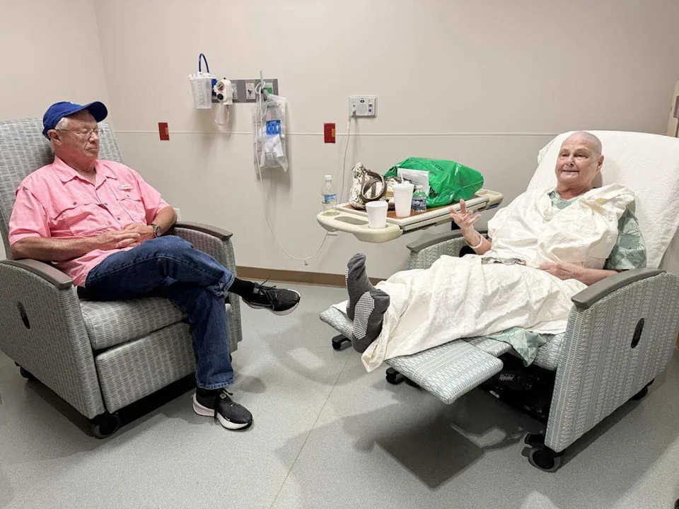 Catherine Klie, right, and husband Tim Klie talk after Catherine underwent an incisionless brain procedure Monday at Novant Health Mint Hill Medical Center.