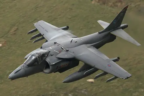 Getty Images An RAF Harrier jet with deep grey and green camouflage paint flying low against a green hillside. Two sheep can be seen on the ground below.