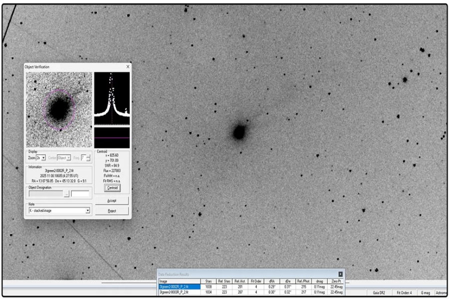 A Harvard scientist believes that this RGB image of 3I/ATLAS released today, November 8, at 4.10 UT, could be evidence of a type of jet engine or propulsion system on an alien spacecraft. Image: M. Jäger, G. Rhemann, E. Prosperi